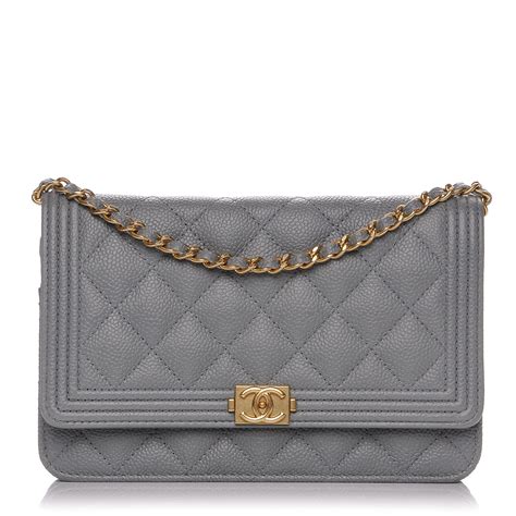 CHANEL Caviar Quilted Boy Square Wallet on Chain WOC Grey 